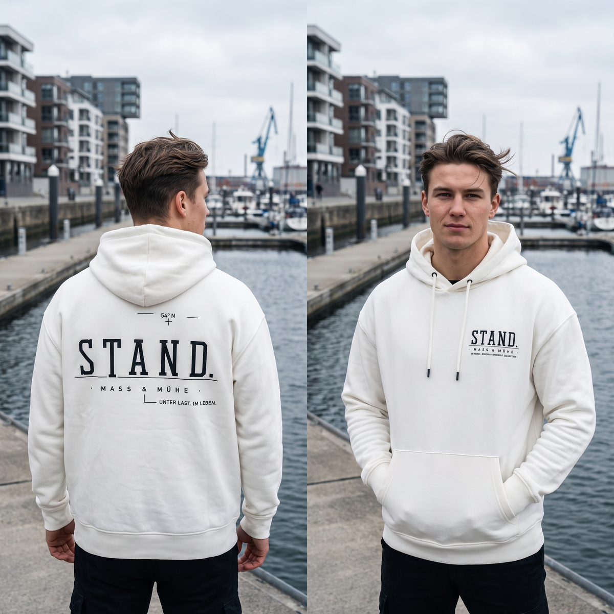 Getragener STAND. Ultra Heavy Hoodie in Gischt mit großem Rückenprint in nordischer Hafenatmosphäre