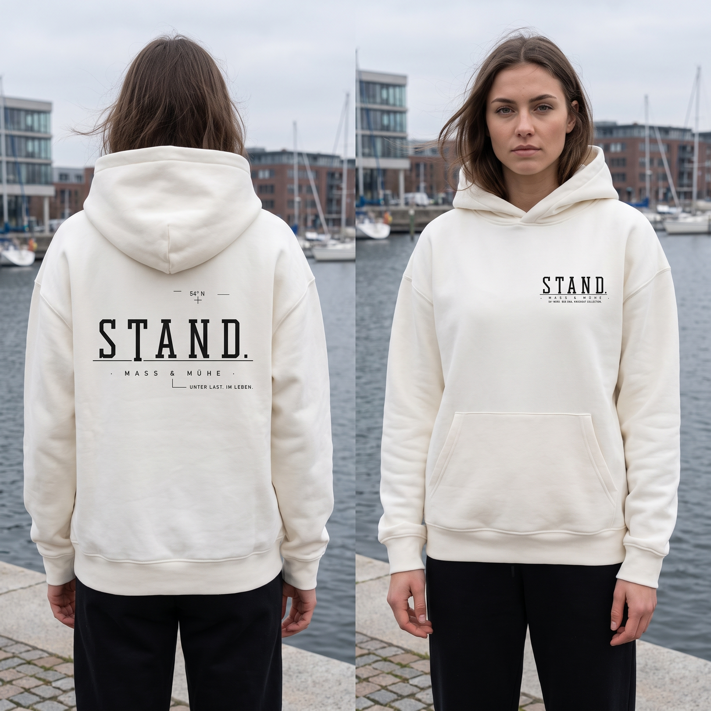 Hoodie ultra heavy | STAND. Gischt mit kleinem Brustprint und großem Rückenprint von Knockout Collection