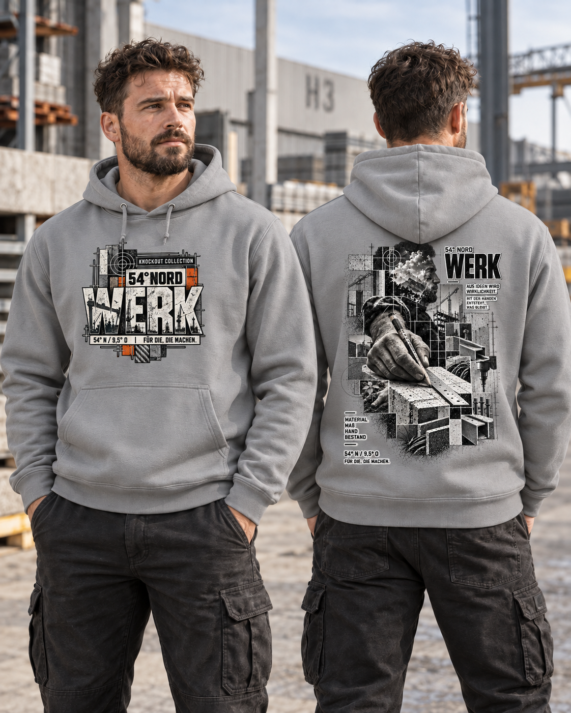 54° Nord WERK Hoodie in Platinum Grey getragen – Front- und Rückenansicht mit industriellem WERK Design