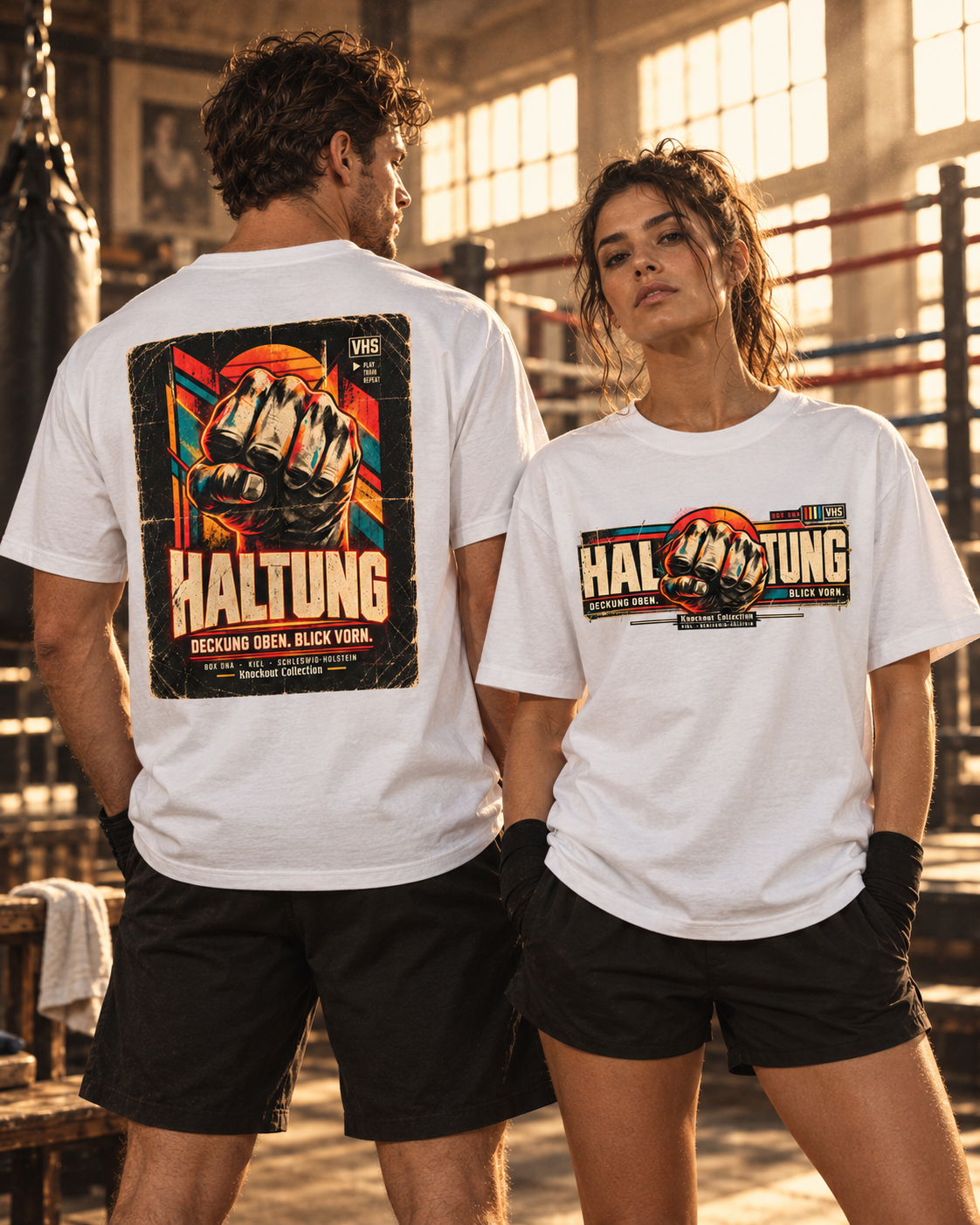 Weißes Heavy T-Shirt HALTUNG mit großem farbigen Box-DNA-Rückenprint im Retro-Stil