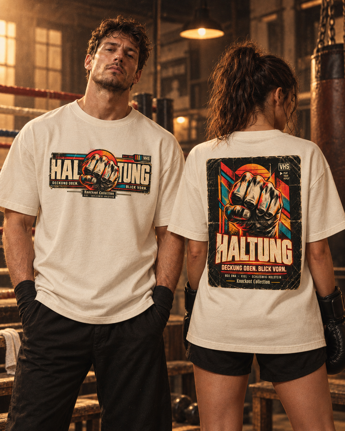 Mann und Frau im Natural Raw HALTUNG Heavy T-Shirt mit Front- und Rückenprint in einer Boxhalle