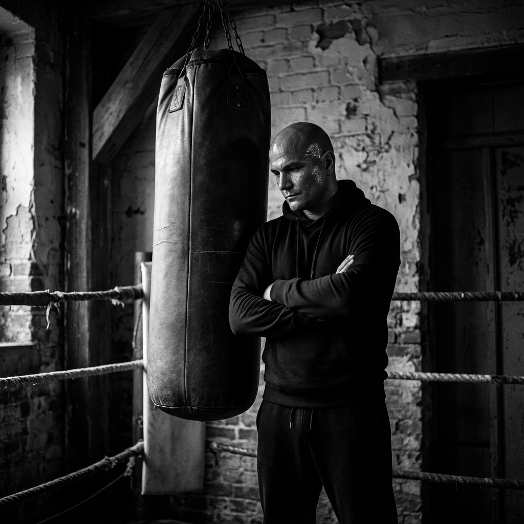 Gründer Knockout Collection am Boxring Dark Mystery Editorial Schwarz-Weiß Fotografie Boxing Streetwear