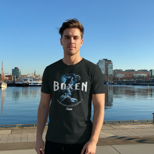 alt="Athletischer junger Mann im Boxen Lebenseintellung T-Shirt von Knockout Collection an der Kieler Förde"