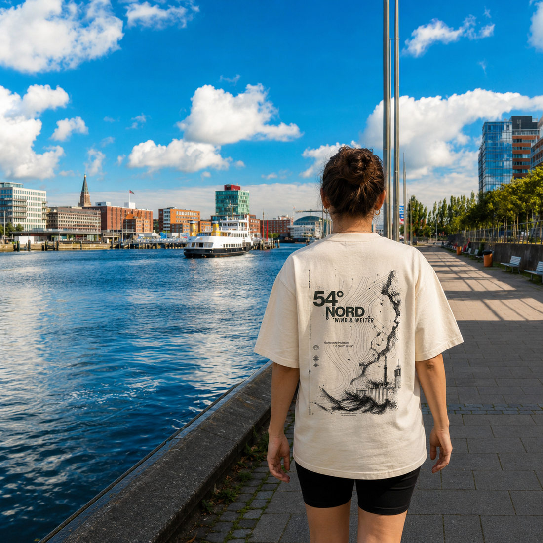 alt="Helles 54° Nord Wind & Weiter T-Shirt von Knockout Collection an der Kieler Hörn mit Hafenblick"