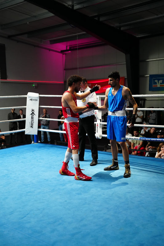 Zwei Boxer geben sich im Ring die Hand, der Ringrichter steht im Hintergrund