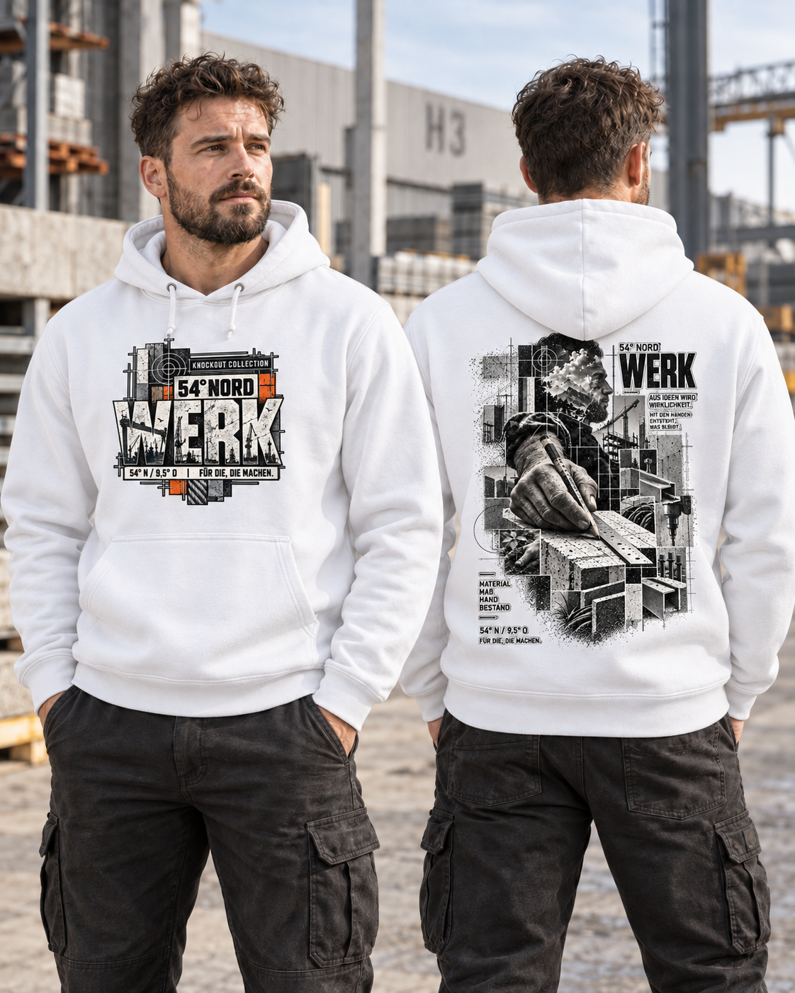 54° Nord WERK Hoodie in Arctic White getragen – Front- und Rückenansicht mit grafischem WERK Design