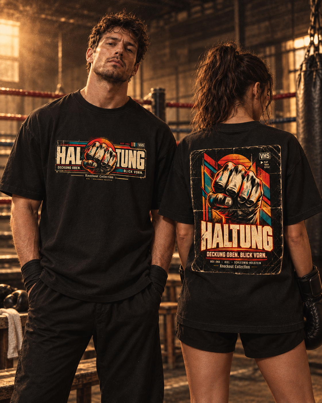 Schwarzes Heavy T-Shirt HALTUNG mit breitem Box-DNA-Frontprint und Faustmotiv