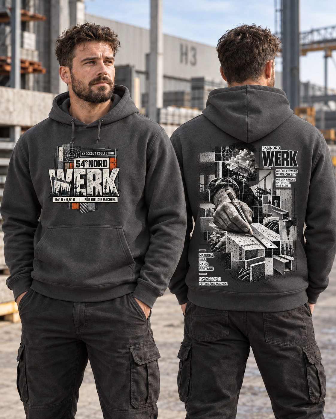 54° Nord WERK Hoodie in Charcoal getragen – großer WERK Frontprint und detailreicher 54° Nord Rückenprint