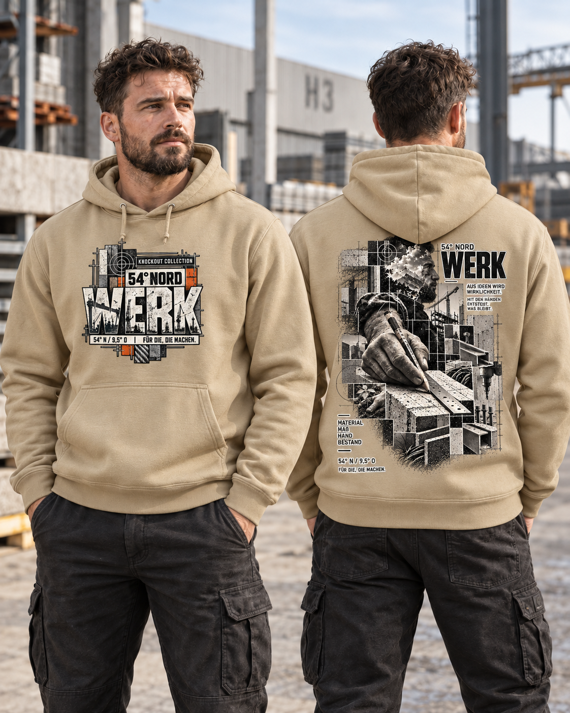 54° Nord WERK Hoodie in Desert Sand getragen – WERK Frontdesign und großer grafischer Rückenprint