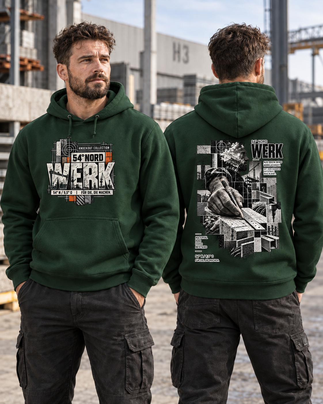 54° Nord WERK Hoodie in Forest Green getragen – Front- und Rückenprint der WERK Serie für Handwerk und Arbeit