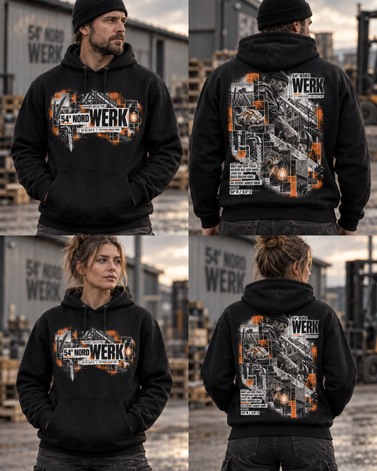 54° Nord WERK 02 Hoodie in Deep Black – Front- und Rückenprint „Da steckt Arbeit drin“