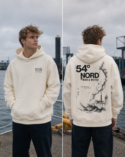 Ultra Heavy Hoodie 54 Grad Nord Wind und Weiter in Egret mit Brust- und Rückenansicht