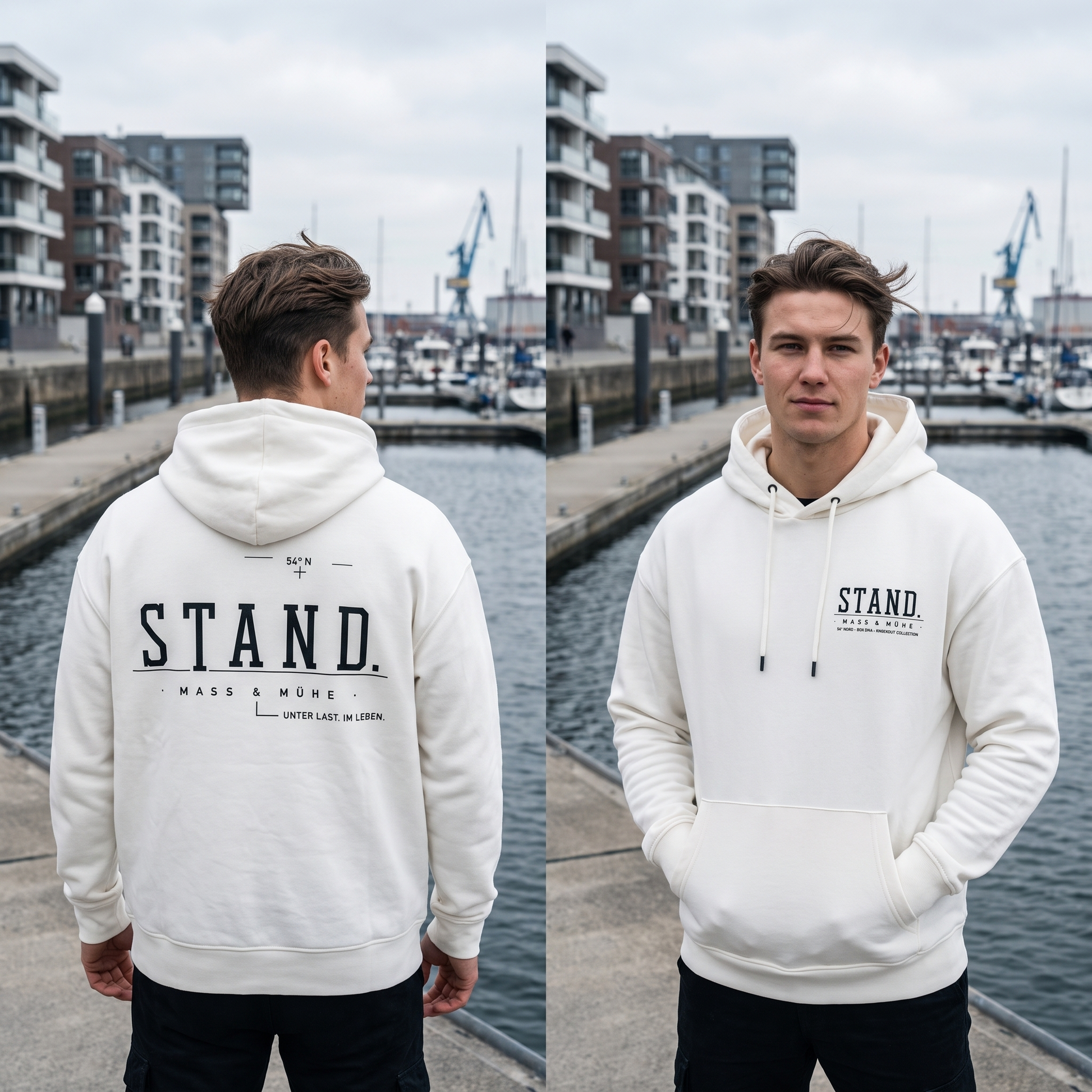 Getragener STAND. Ultra Heavy Hoodie in Gischt mit großem Rückenprint in nordischer Hafenatmosphäre