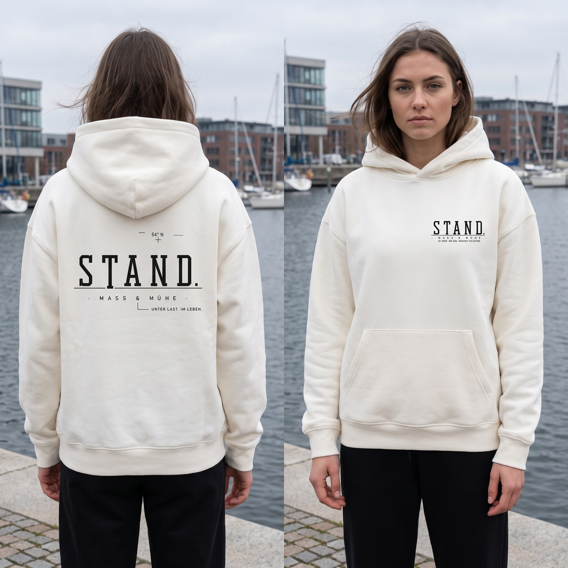 Hoodie ultra heavy | STAND. Gischt mit kleinem Brustprint und großem Rückenprint von Knockout Collection