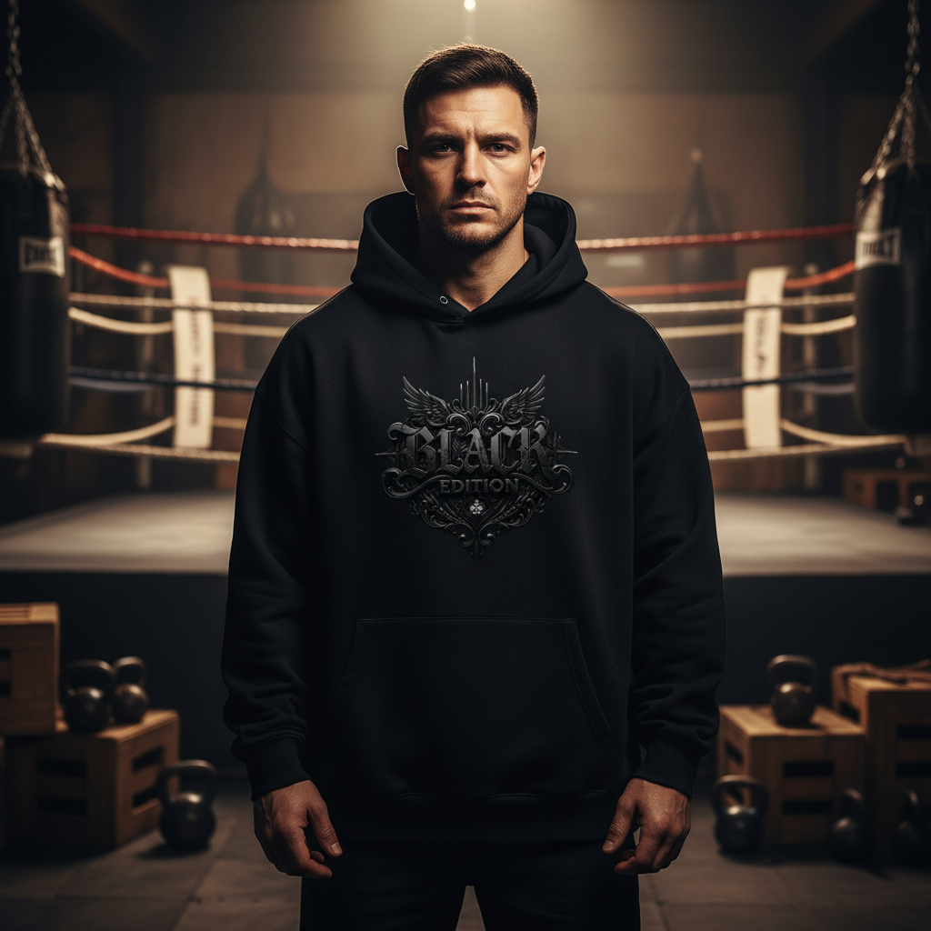 Hoodie oversized Black Edition Frontansicht Brust-Design Knockout Collection
