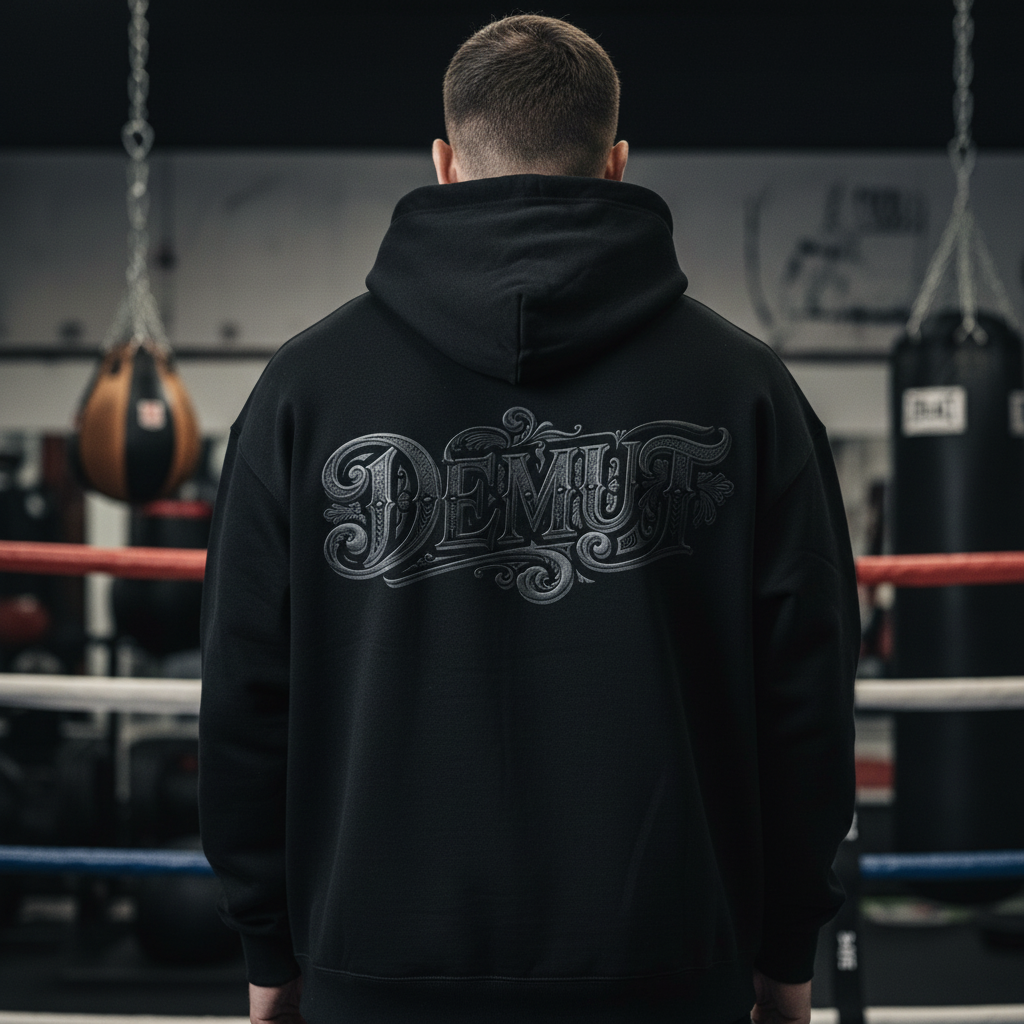 Hoodie oversized Black Edition Demut Frontansicht Brust-Design Knockout Collection