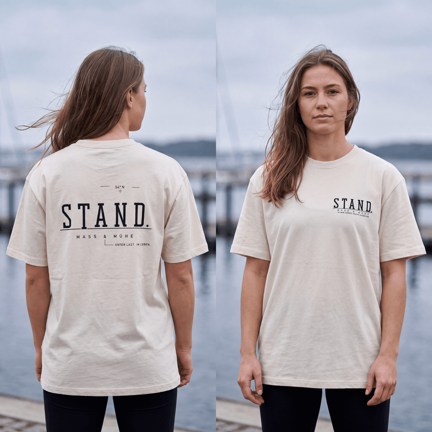 Frau im STAND. Oversized T-Shirt | Gischt mit kleinem Brustprint und großem Rückenprint am Wasser