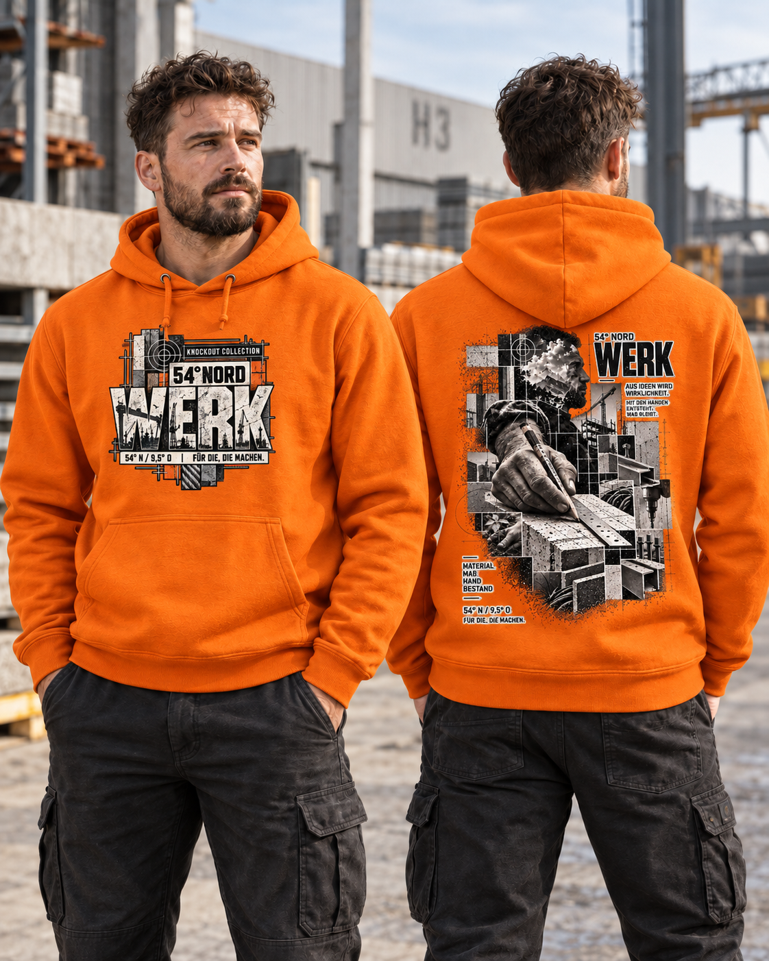 54° Nord WERK Hoodie in Orange Crush getragen – auffälliger Workwear Hoodie mit WERK Front- und Rückenprint