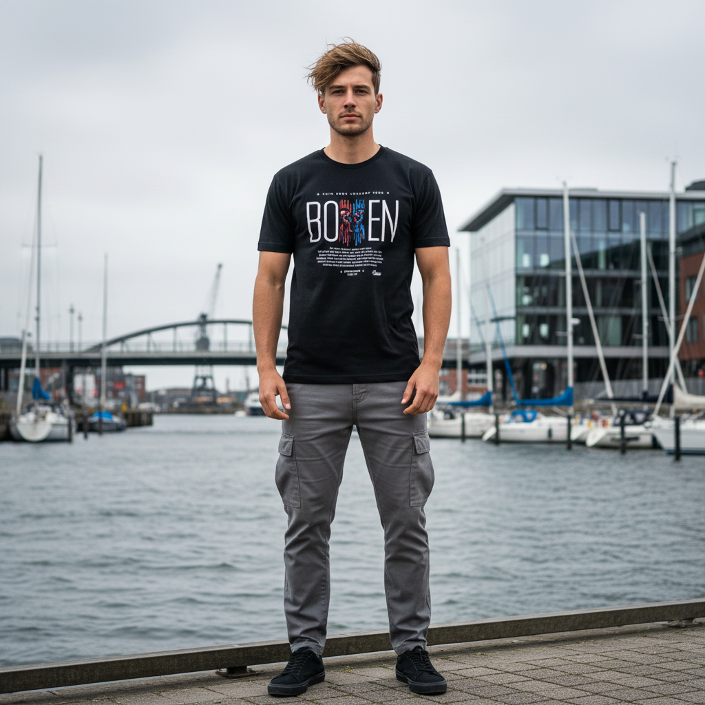 Schwarzes Box DNA T-Shirt von Knockout Collection am Wasser in Kiel