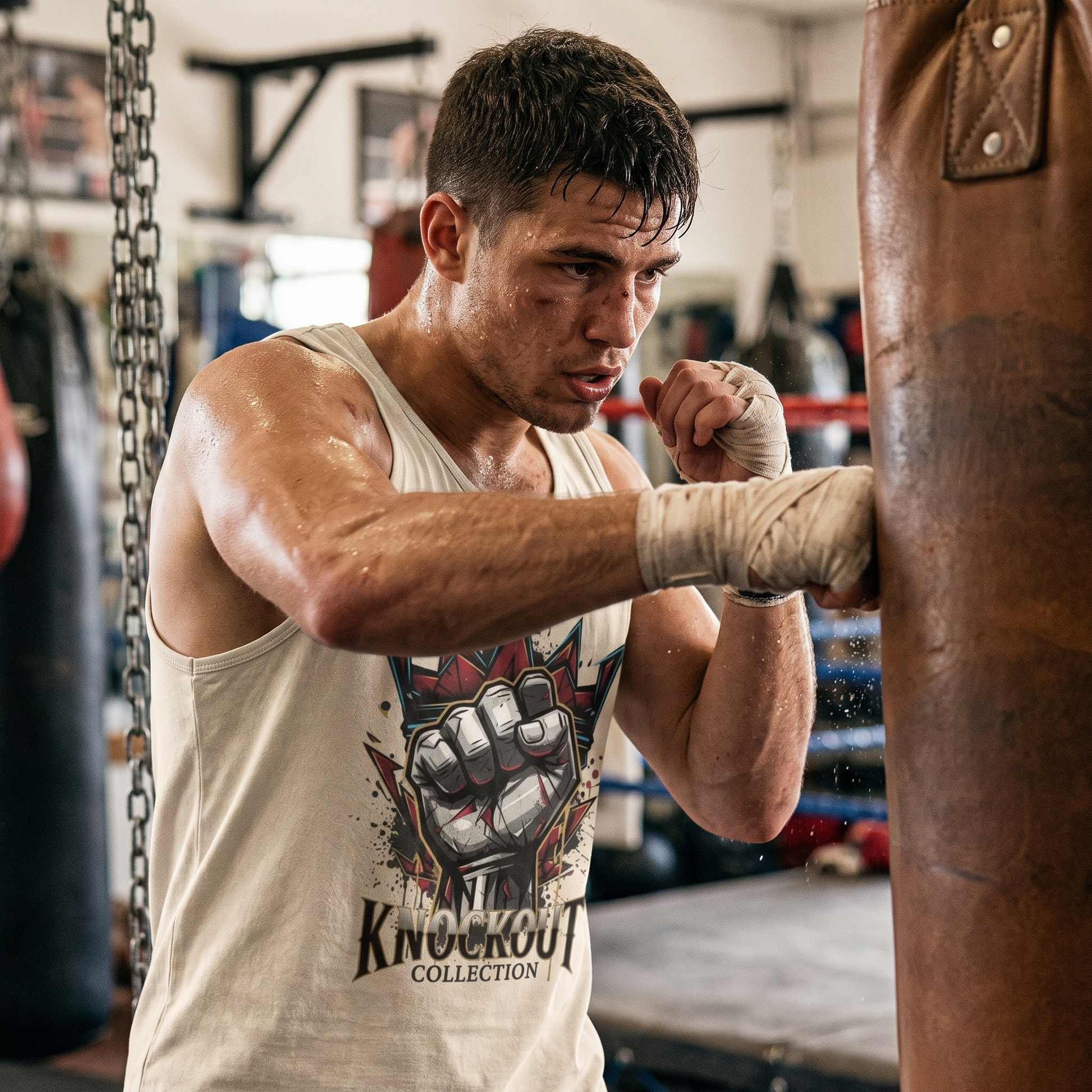 Tanktop Knockout Fist beim Sandsacktraining in der Boxhalle. Knockout Collection 