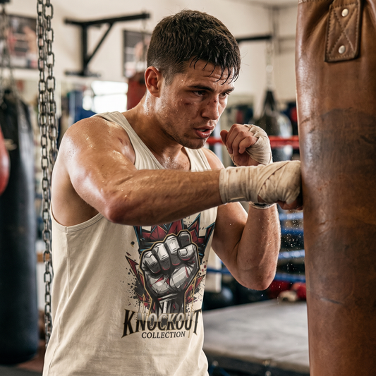 Tanktop Knockout Fist beim Sandsacktraining in der Boxhalle. Knockout Collection 