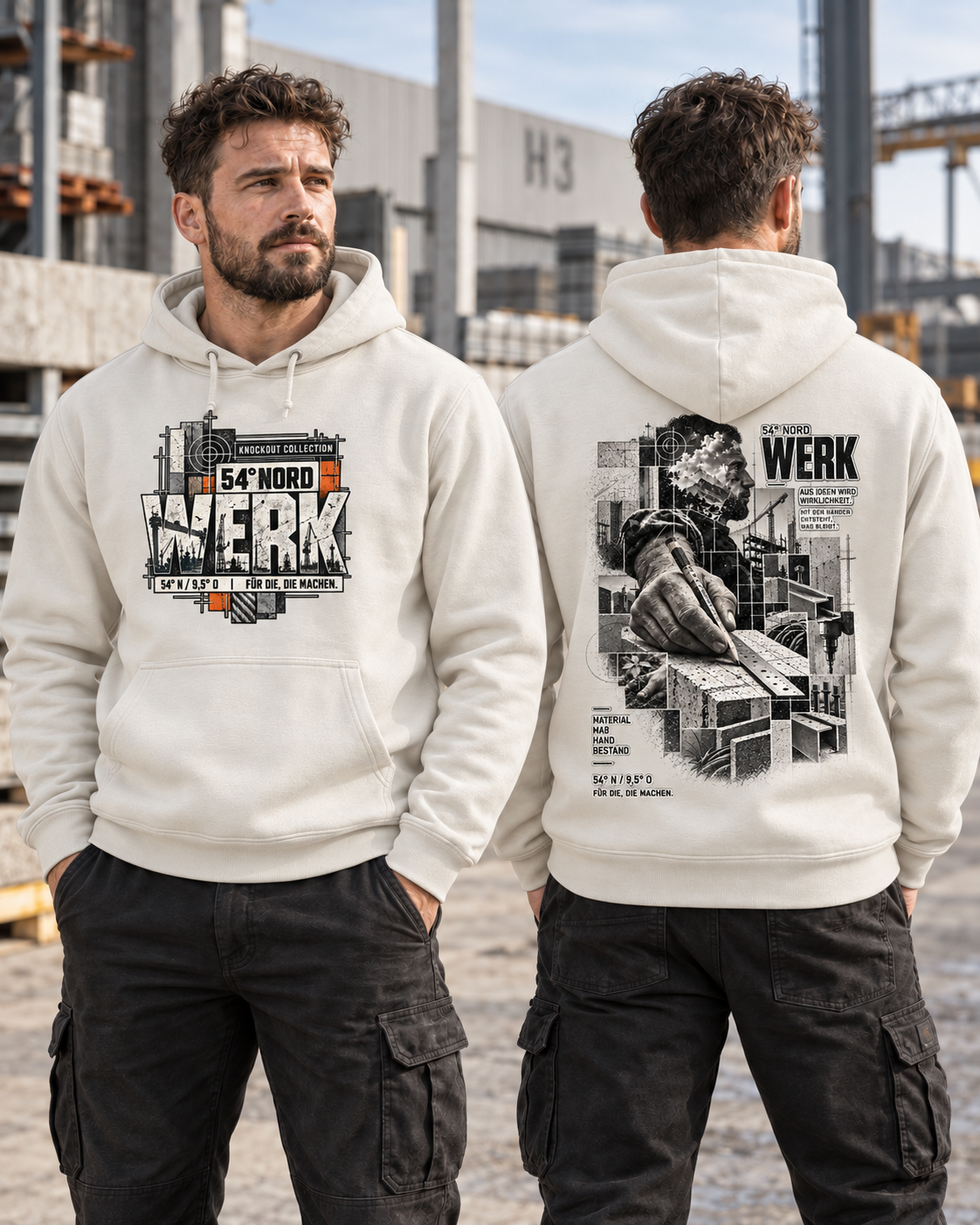 54° Nord WERK Hoodie in Vanilla Milkshake getragen – heller Hoodie mit WERK Frontprint und 54° Nord Rückenmotiv