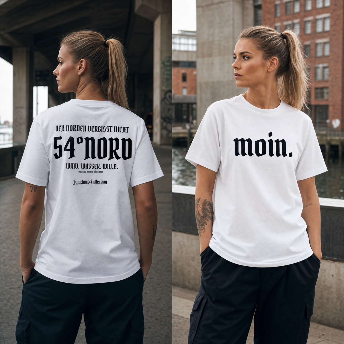 Heavy T-Shirt Der Norden vergisst nicht Weisswasser Edition getragen von einer jungen Frau am Hafen |Knockout Collection Streetwear aus Kiel