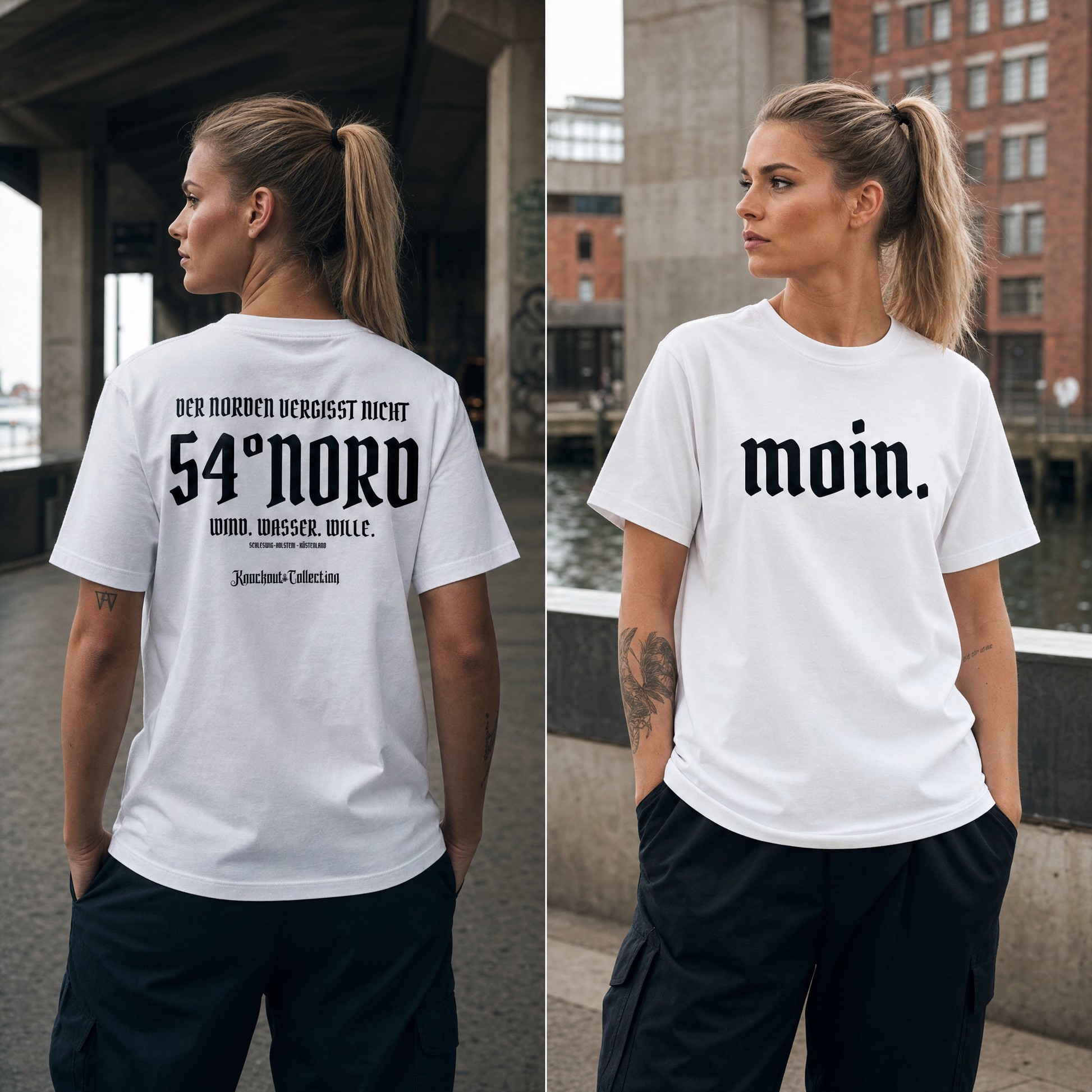 Heavy T-Shirt Der Norden vergisst nicht Weisswasser Edition getragen von einer jungen Frau am Hafen |Knockout Collection Streetwear aus Kiel