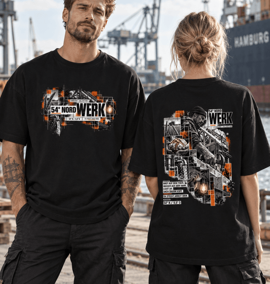 54° Nord WERK 02 Oversized T-Shirt in Schwarz – Front- und Rückenprint „Da steckt Arbeit drin“