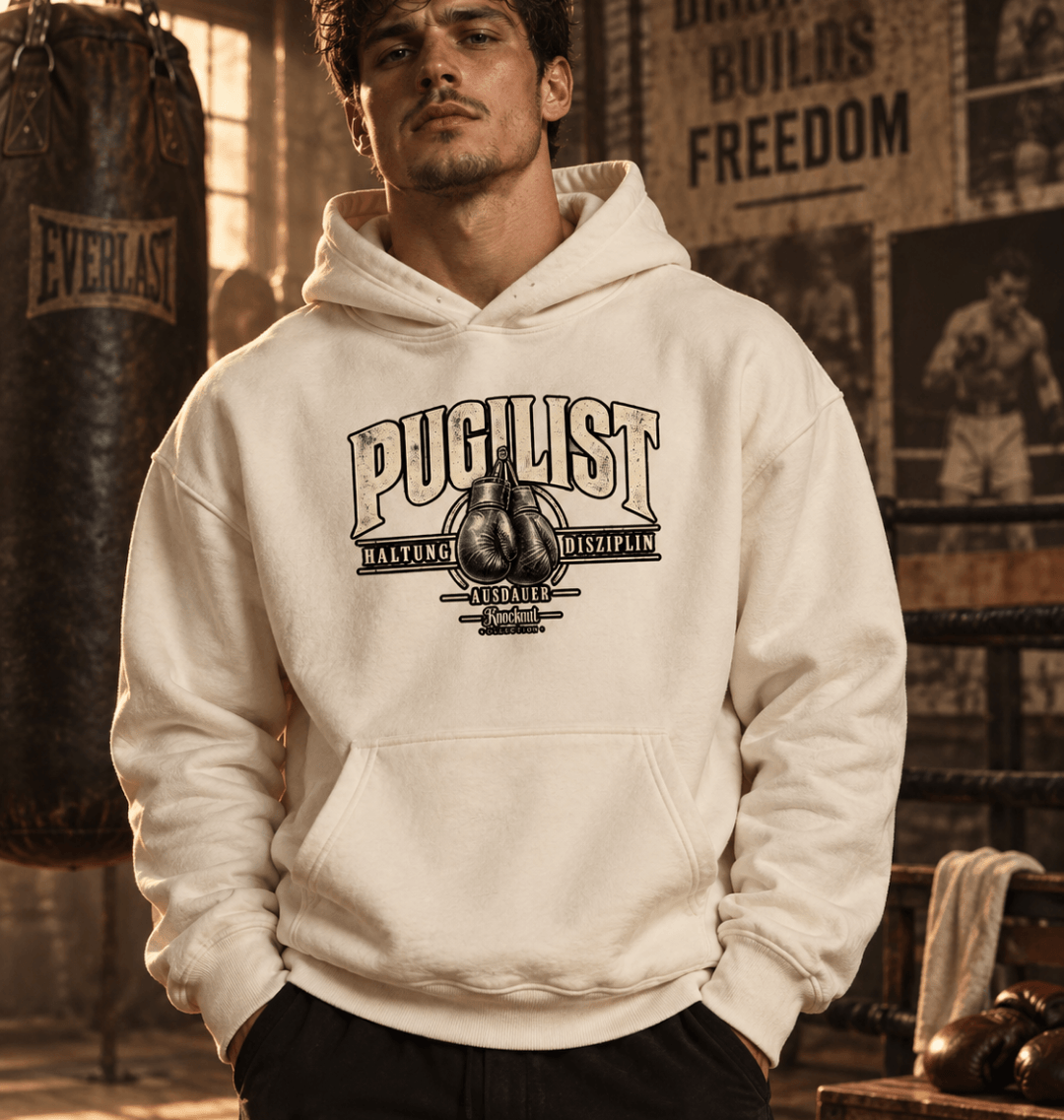 Mann trägt Natural Raw PUGILIST Ultra Heavy Hoodie mit großem Frontprint in einer Boxhalle