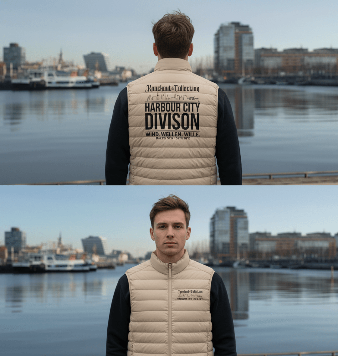 Steppweste Harbour City Gischt Desert Sand Detailansicht – Küstenstreetwear 54° Nord Knockout Collection
